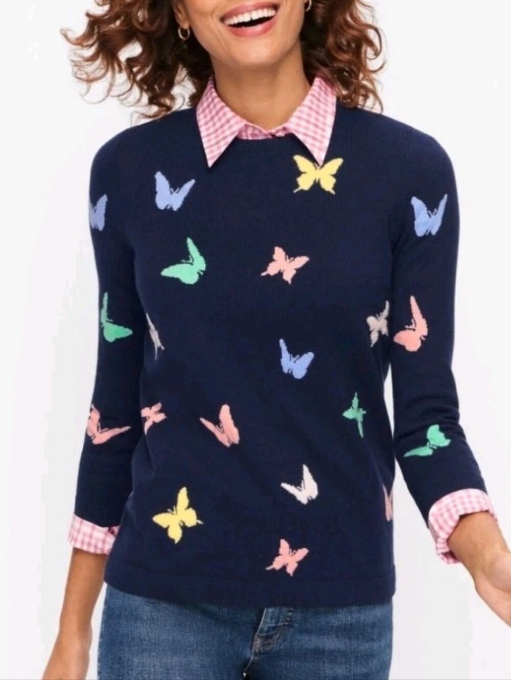 Talbots Petite Butterfly Sweater PS Navy Cotton Blend Spring Garden Preppy - Picture 2 of 6